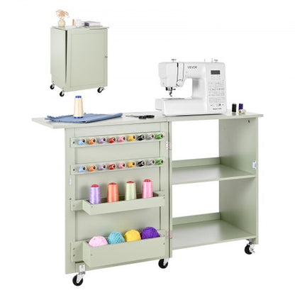Folding Sewing Table, Multipurpose Sewing Machine Table with Compact Design, Wheels, Wooden Pegs, Storage Trays and Shelf, Magnetic Door Lock, Craft Station and Side Desk for Home, Light Green