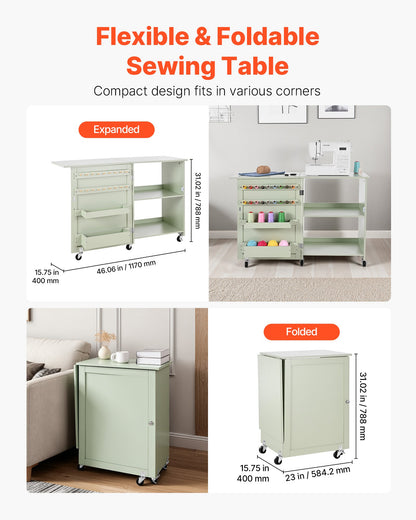 Folding Sewing Table, Multipurpose Sewing Machine Table with Compact Design, Wheels, Wooden Pegs, Storage Trays and Shelf, Magnetic Door Lock, Craft Station and Side Desk for Home, Light Green