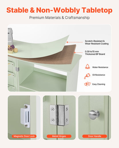 Folding Sewing Table, Multipurpose Sewing Machine Table with Compact Design, Wheels, Wooden Pegs, Storage Trays and Shelf, Magnetic Door Lock, Craft Station and Side Desk for Home, Light Green