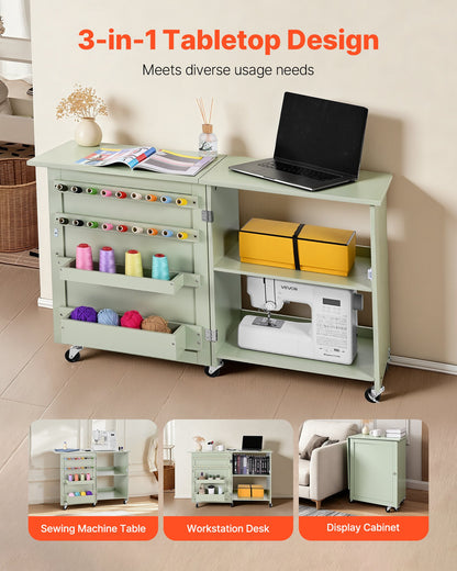 Folding Sewing Table, Multipurpose Sewing Machine Table with Compact Design, Wheels, Wooden Pegs, Storage Trays and Shelf, Magnetic Door Lock, Craft Station and Side Desk for Home, Light Green