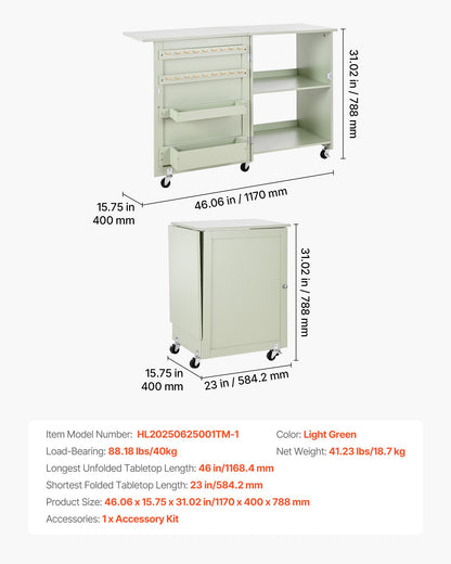 Folding Sewing Table, Multipurpose Sewing Machine Table with Compact Design, Wheels, Wooden Pegs, Storage Trays and Shelf, Magnetic Door Lock, Craft Station and Side Desk for Home, Light Green