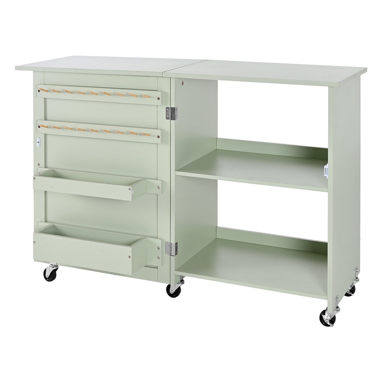 Folding Sewing Table, Multipurpose Sewing Machine Table with Compact Design, Wheels, Wooden Pegs, Storage Trays and Shelf, Magnetic Door Lock, Craft Station and Side Desk for Home, Light Green