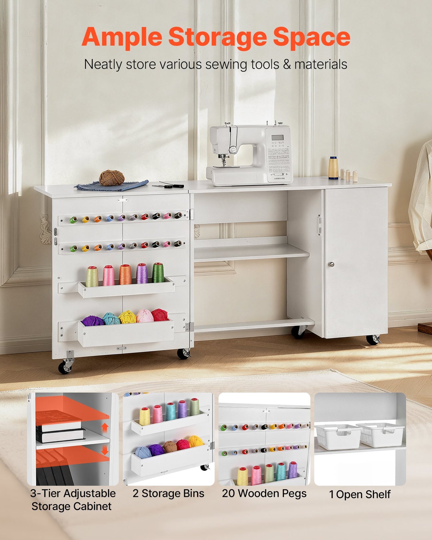 Folding Sewing Table, Multipurpose Sewing Machine Table with Cabinet, Compact Design, Wheels, Wooden Pegs, Storage Trays and Shelf, Magnetic Door, Craft Station and Side Desk for Home, White