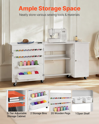 Folding Sewing Table, Multipurpose Sewing Machine Table with Cabinet, Compact Design, Wheels, Wooden Pegs, Storage Trays and Shelf, Magnetic Door, Craft Station and Side Desk for Home, White