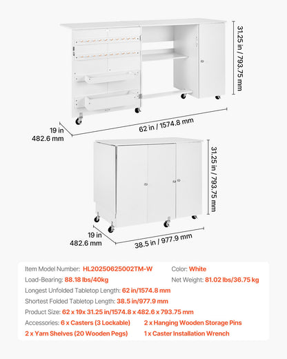 Folding Sewing Table, Multipurpose Sewing Machine Table with Cabinet, Compact Design, Wheels, Wooden Pegs, Storage Trays and Shelf, Magnetic Door, Craft Station and Side Desk for Home, White