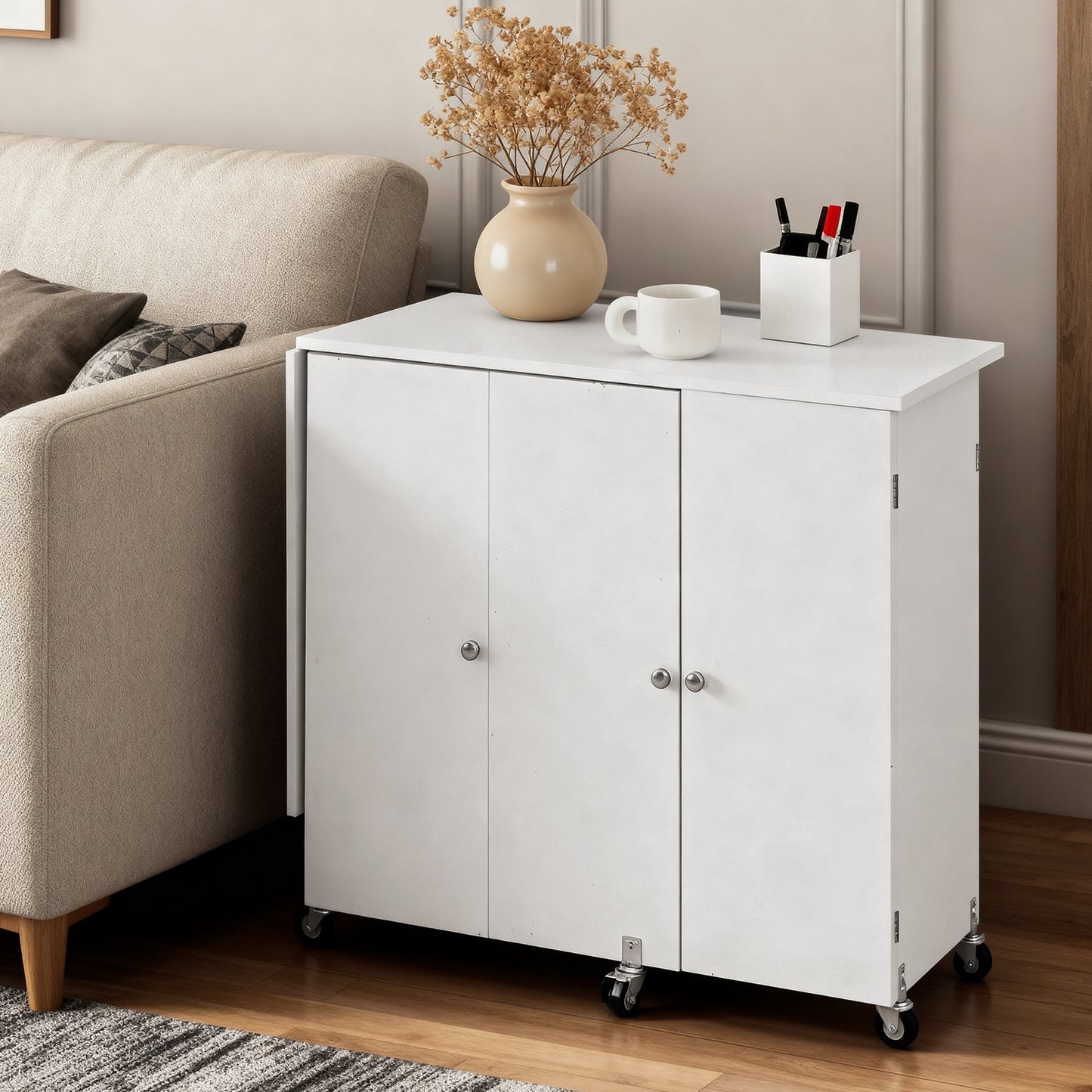 Folding Sewing Table, Multipurpose Sewing Machine Table with Cabinet, Compact Design, Wheels, Wooden Pegs, Storage Trays and Shelf, Magnetic Door, Craft Station and Side Desk for Home, White