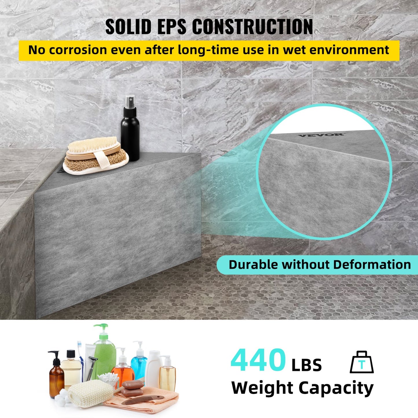 Tile Shower Seat, 22.4" x 16" x 20" Ready To Tile Shower Seat, Factory Waterproof & 100% Leak Proof Tileable Shower Corner Seat, 440 lbs Load-bearing Triangular Board Shower Bench