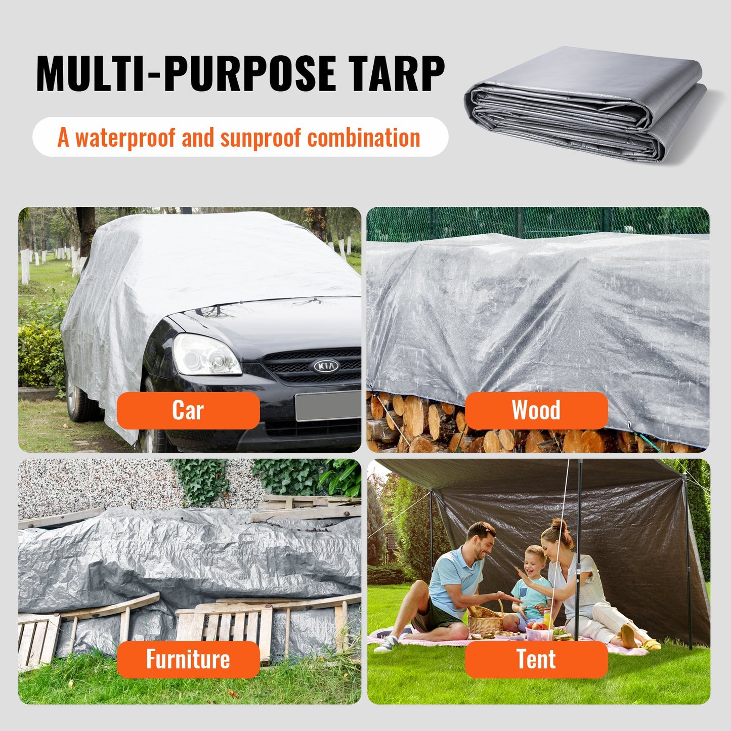 Tarp Waterproof 487.7 x 609.6 cm, Plastic Poly Tarp Cover 0.25 mm, Multi Purpose Tear UV and Temperature Resistant Outdoor Tarpaulin with High Durability Reinforced Grommets (Silver/Brown)