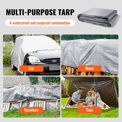 Tarp Waterproof 487.7 x 609.6 cm, Plastic Poly Tarp Cover 0.25 mm, Multi Purpose Tear UV and Temperature Resistant Outdoor Tarpaulin with High Durability Reinforced Grommets (Silver/Brown)