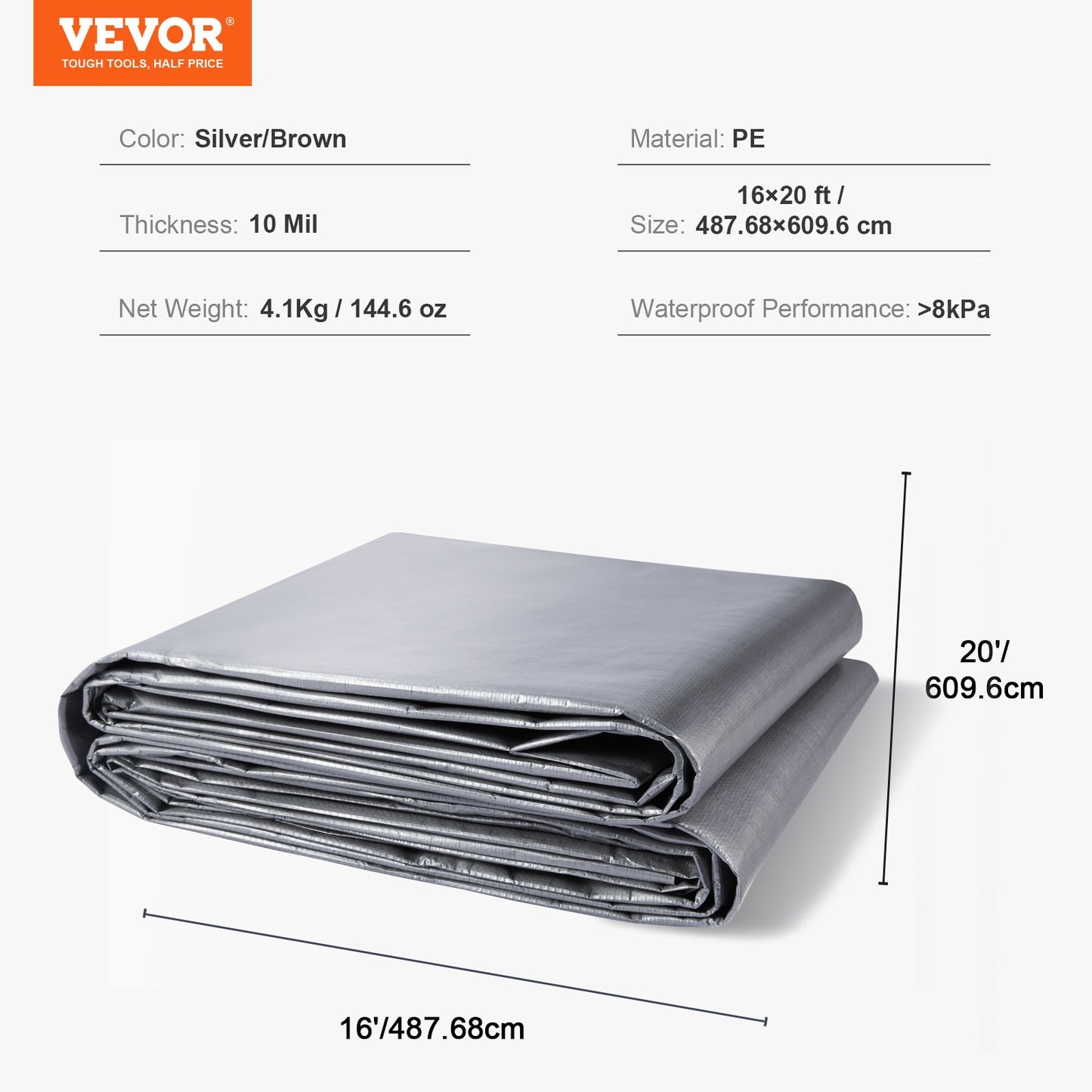 Tarp Waterproof 487.7 x 609.6 cm, Plastic Poly Tarp Cover 0.25 mm, Multi Purpose Tear UV and Temperature Resistant Outdoor Tarpaulin with High Durability Reinforced Grommets (Silver/Brown)