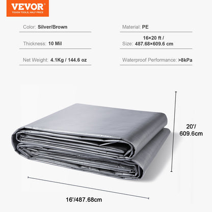Tarp Waterproof 487.7 x 609.6 cm, Plastic Poly Tarp Cover 0.25 mm, Multi Purpose Tear UV and Temperature Resistant Outdoor Tarpaulin with High Durability Reinforced Grommets (Silver/Brown)