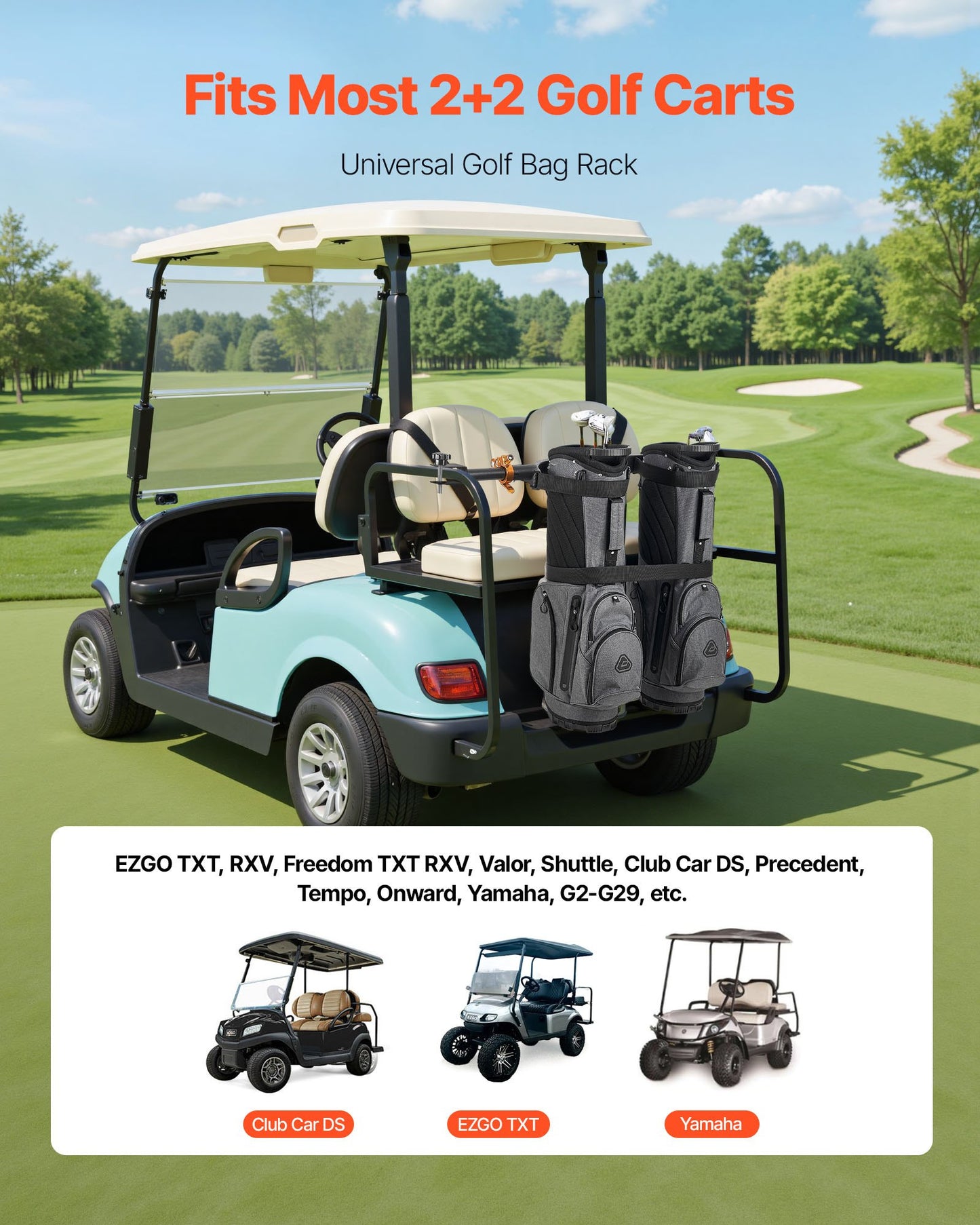 Golf Cart Bag Holder, 1370 x 195 x 60.5 mm, Compatible with Most 2+2 Golf Cart Rear Seat with 1.2-Inch Square Tubes, Adjustable Rear Seat Carts Club Holder with Strap, No Drilling Required