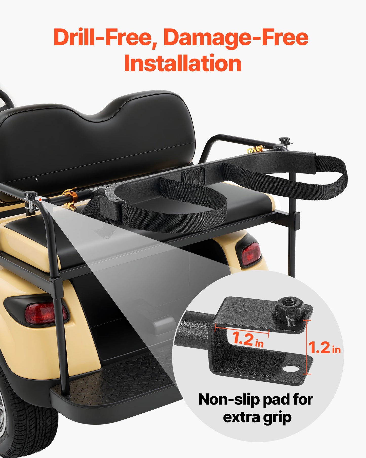 Golf Cart Bag Holder, 1370 x 195 x 60.5 mm, Compatible with Most 2+2 Golf Cart Rear Seat with 1.2-Inch Square Tubes, Adjustable Rear Seat Carts Club Holder with Strap, No Drilling Required