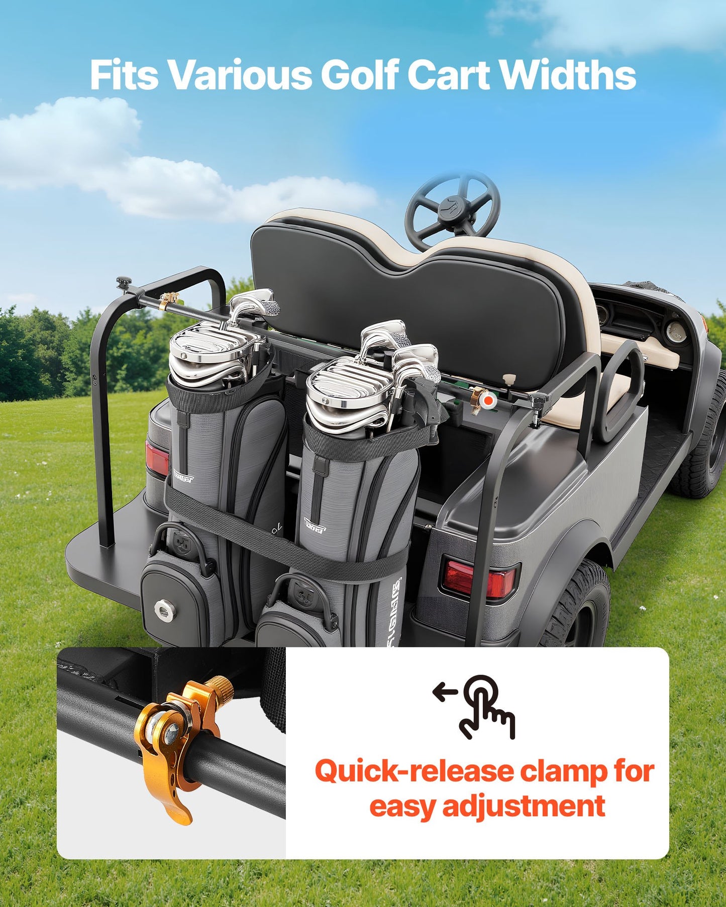 Golf Cart Bag Holder, 1370 x 195 x 60.5 mm, Compatible with Most 2+2 Golf Cart Rear Seat with 1.2-Inch Square Tubes, Adjustable Rear Seat Carts Club Holder with Strap, No Drilling Required