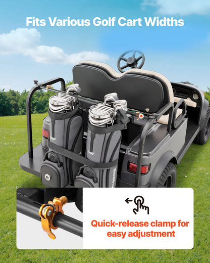 Golf Cart Bag Holder, 1370 x 195 x 60.5 mm, Compatible with Most 2+2 Golf Cart Rear Seat with 1.2-Inch Square Tubes, Adjustable Rear Seat Carts Club Holder with Strap, No Drilling Required