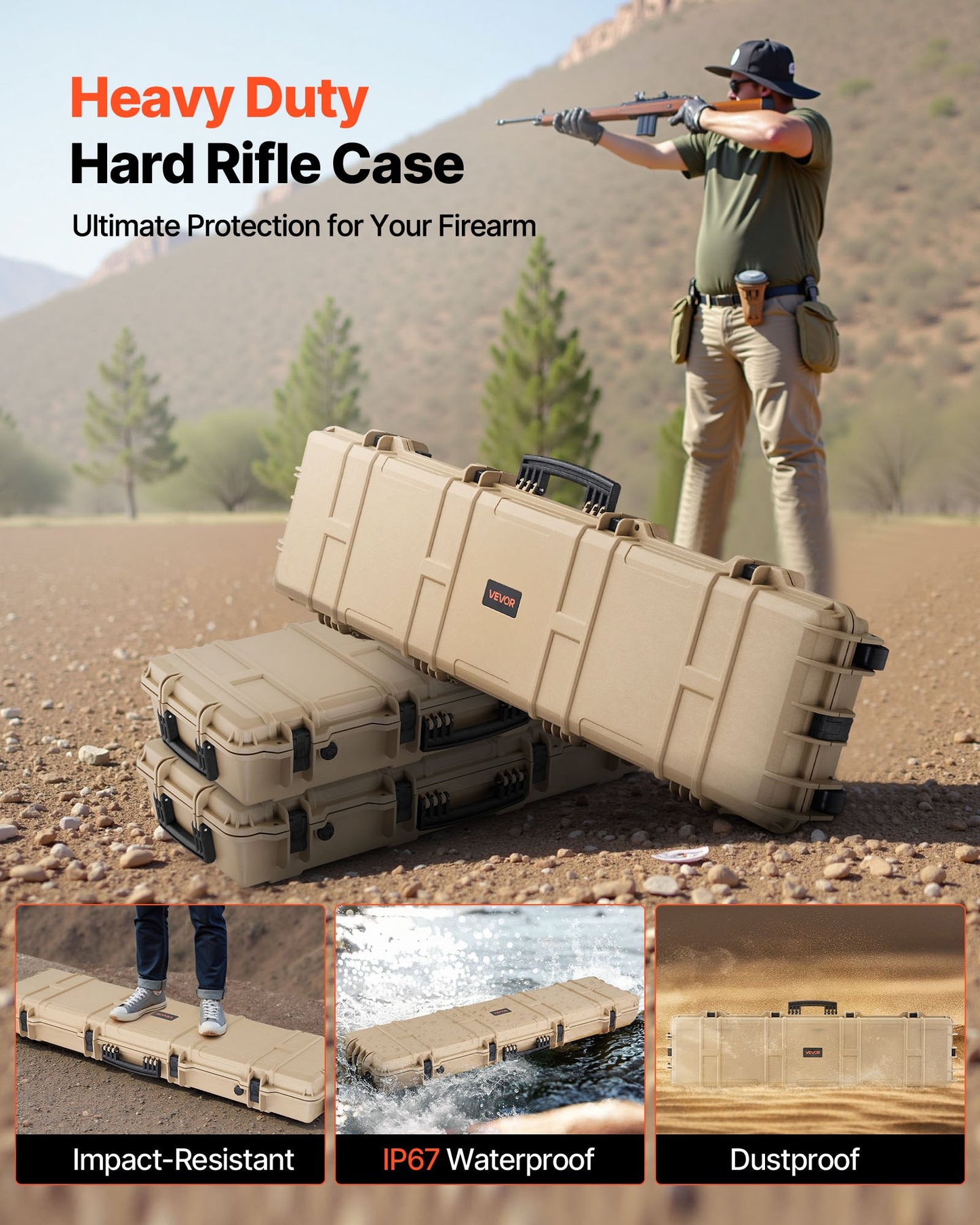 Hard Rifle Case, Lockable Rifle Case with Pre-cut Foams, 1270 mm Movable Gun Storage with Wheels, IP67 Waterproof & Dustproof Pistol Storage for Rifle, Shotgun, Airsoft Gun, Khaki
