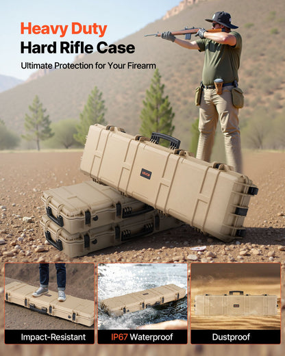Hard Rifle Case, Lockable Rifle Case with Pre-cut Foams, 1270 mm Movable Gun Storage with Wheels, IP67 Waterproof & Dustproof Pistol Storage for Rifle, Shotgun, Airsoft Gun, Khaki