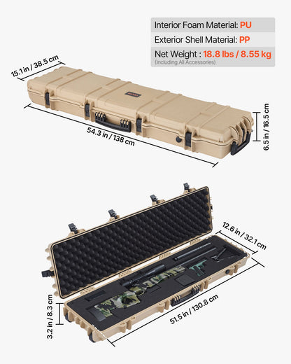 Hard Rifle Case, Lockable Rifle Case with Pre-cut Foams, 1270 mm Movable Gun Storage with Wheels, IP67 Waterproof & Dustproof Pistol Storage for Rifle, Shotgun, Airsoft Gun, Khaki