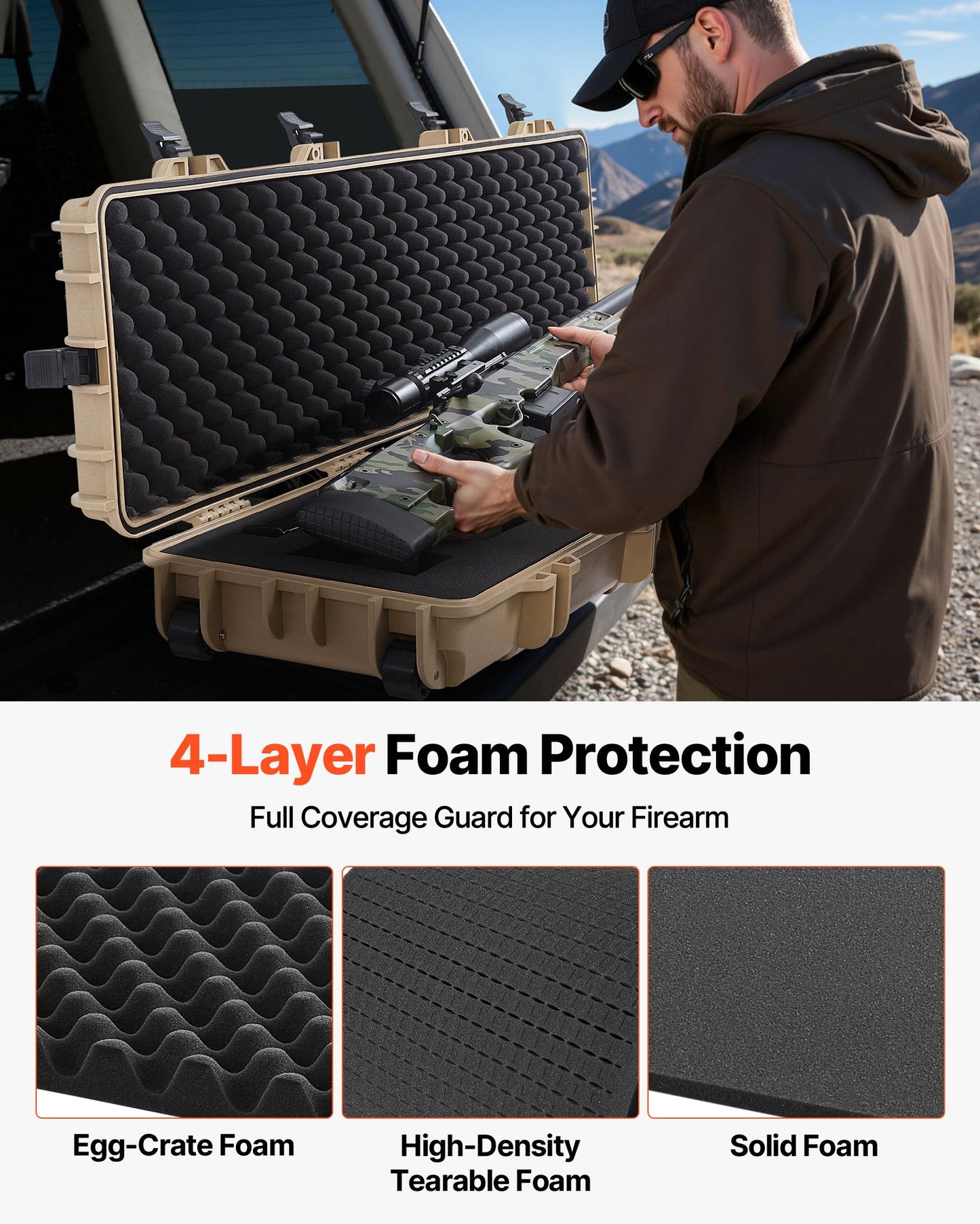 Hard Rifle Case, Lockable Rifle Case with Pre-cut Foams, 1270 mm Movable Gun Storage with Wheels, IP67 Waterproof & Dustproof Pistol Storage for Rifle, Shotgun, Airsoft Gun, Khaki