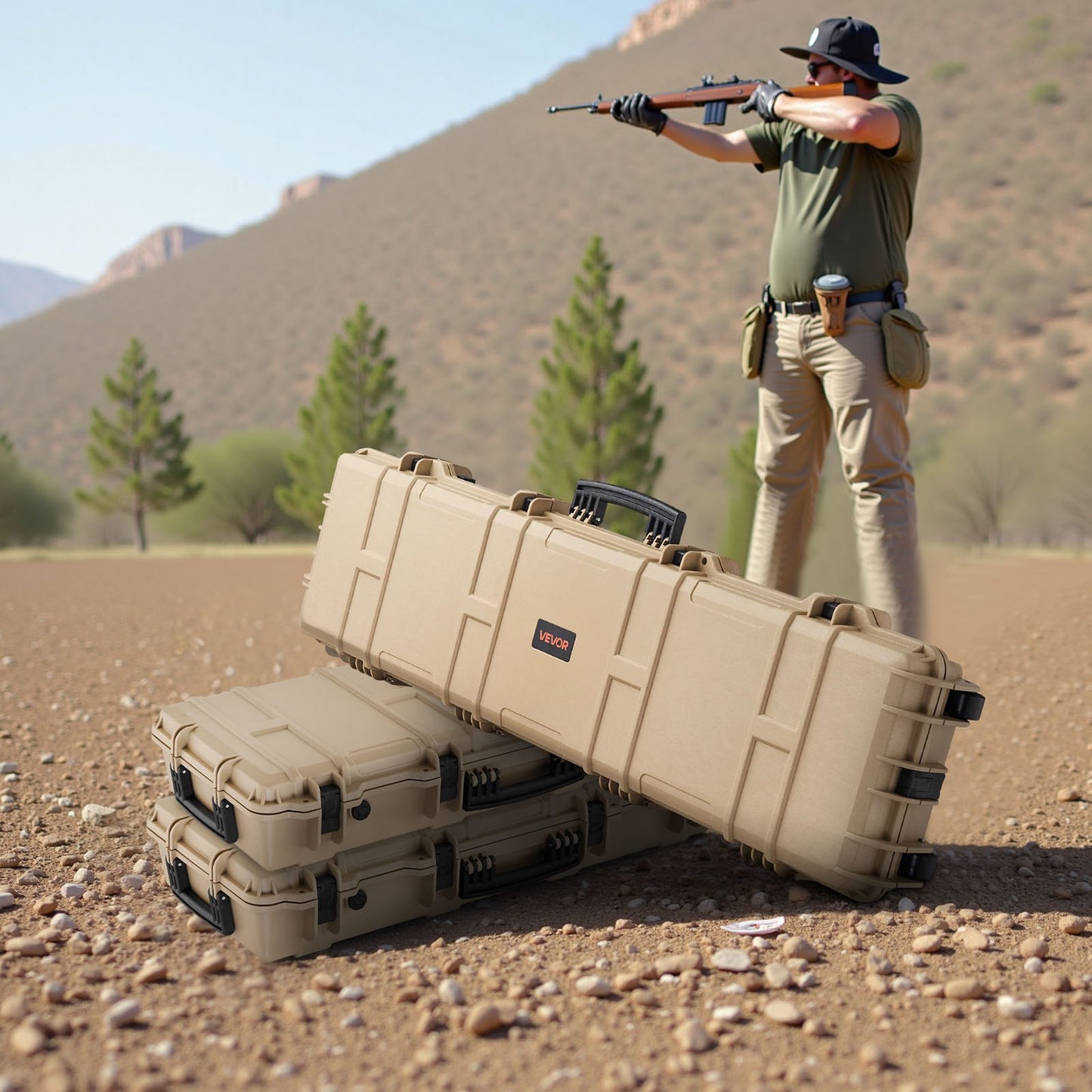 Hard Rifle Case, Lockable Rifle Case with Pre-cut Foams, 1270 mm Movable Gun Storage with Wheels, IP67 Waterproof & Dustproof Pistol Storage for Rifle, Shotgun, Airsoft Gun, Khaki