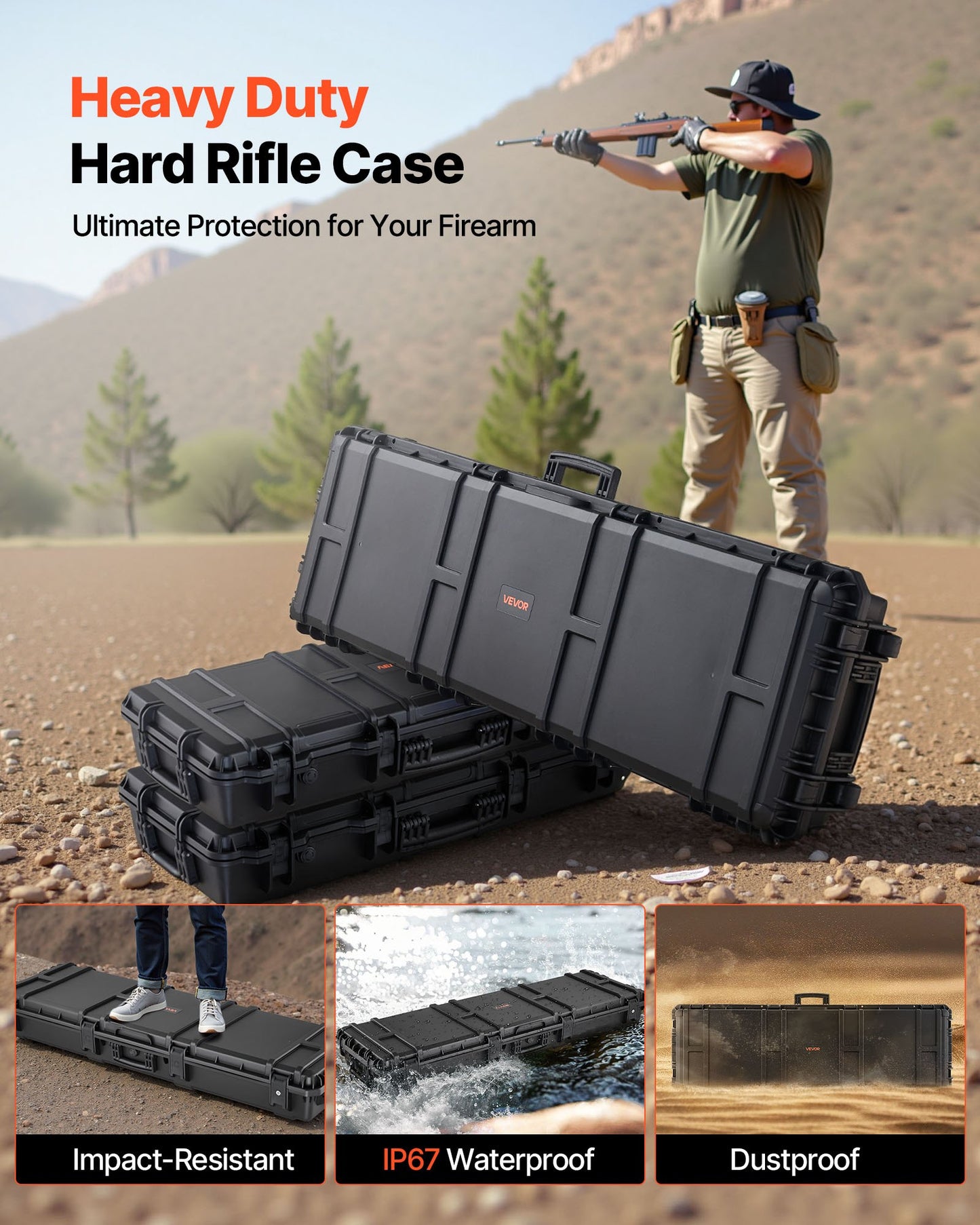 Hard Rifle Case, Lockable Rifle Case with Pre-cut Foams, 1320 mm Gun Storage with Wheels, Heavy Duty IP67 Waterproof & Dustproof Pistol Storage Cases for Rifles, Shotguns, Airsoft Guns, Black