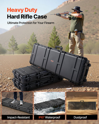Hard Rifle Case, Lockable Rifle Case with Pre-cut Foams, 1320 mm Gun Storage with Wheels, Heavy Duty IP67 Waterproof & Dustproof Pistol Storage Cases for Rifles, Shotguns, Airsoft Guns, Black