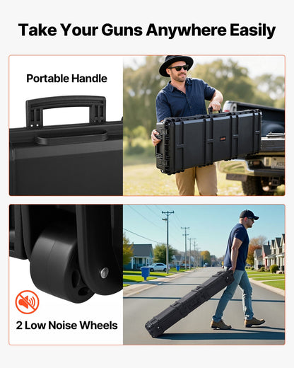 Hard Rifle Case, Lockable Rifle Case with Pre-cut Foams, 1320 mm Gun Storage with Wheels, Heavy Duty IP67 Waterproof & Dustproof Pistol Storage Cases for Rifles, Shotguns, Airsoft Guns, Black