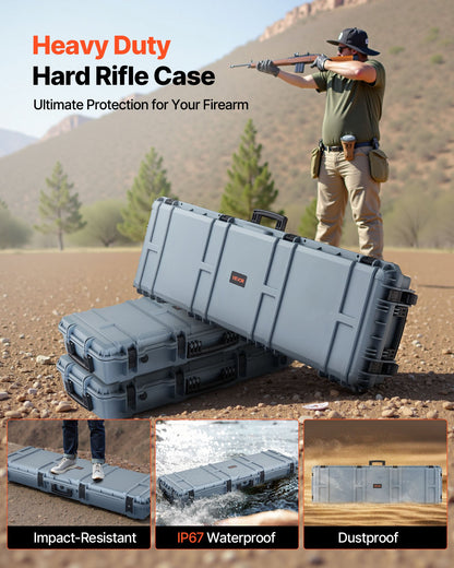 Hard Rifle Case, Lockable Rifle Case with Pre-cut Foams, 1320 mm Gun Storage with Wheels, Heavy Duty IP67 Waterproof & Dustproof Pistol Storage Cases for Rifles, Shotguns, Airsoft Guns, Grey