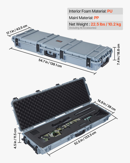 Hard Rifle Case, Lockable Rifle Case with Pre-cut Foams, 1320 mm Gun Storage with Wheels, Heavy Duty IP67 Waterproof & Dustproof Pistol Storage Cases for Rifles, Shotguns, Airsoft Guns, Grey