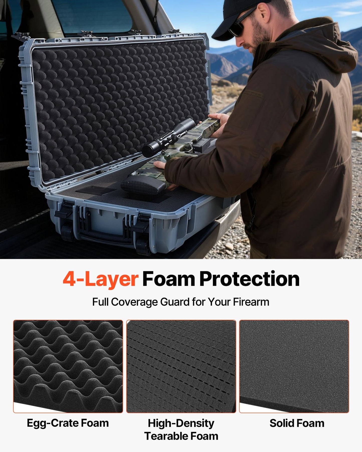 Hard Rifle Case, Lockable Rifle Case with Pre-cut Foams, 1320 mm Gun Storage with Wheels, Heavy Duty IP67 Waterproof & Dustproof Pistol Storage Cases for Rifles, Shotguns, Airsoft Guns, Grey