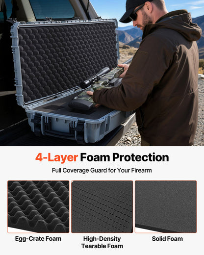 Hard Rifle Case, Lockable Rifle Case with Pre-cut Foams, 1320 mm Gun Storage with Wheels, Heavy Duty IP67 Waterproof & Dustproof Pistol Storage Cases for Rifles, Shotguns, Airsoft Guns, Grey