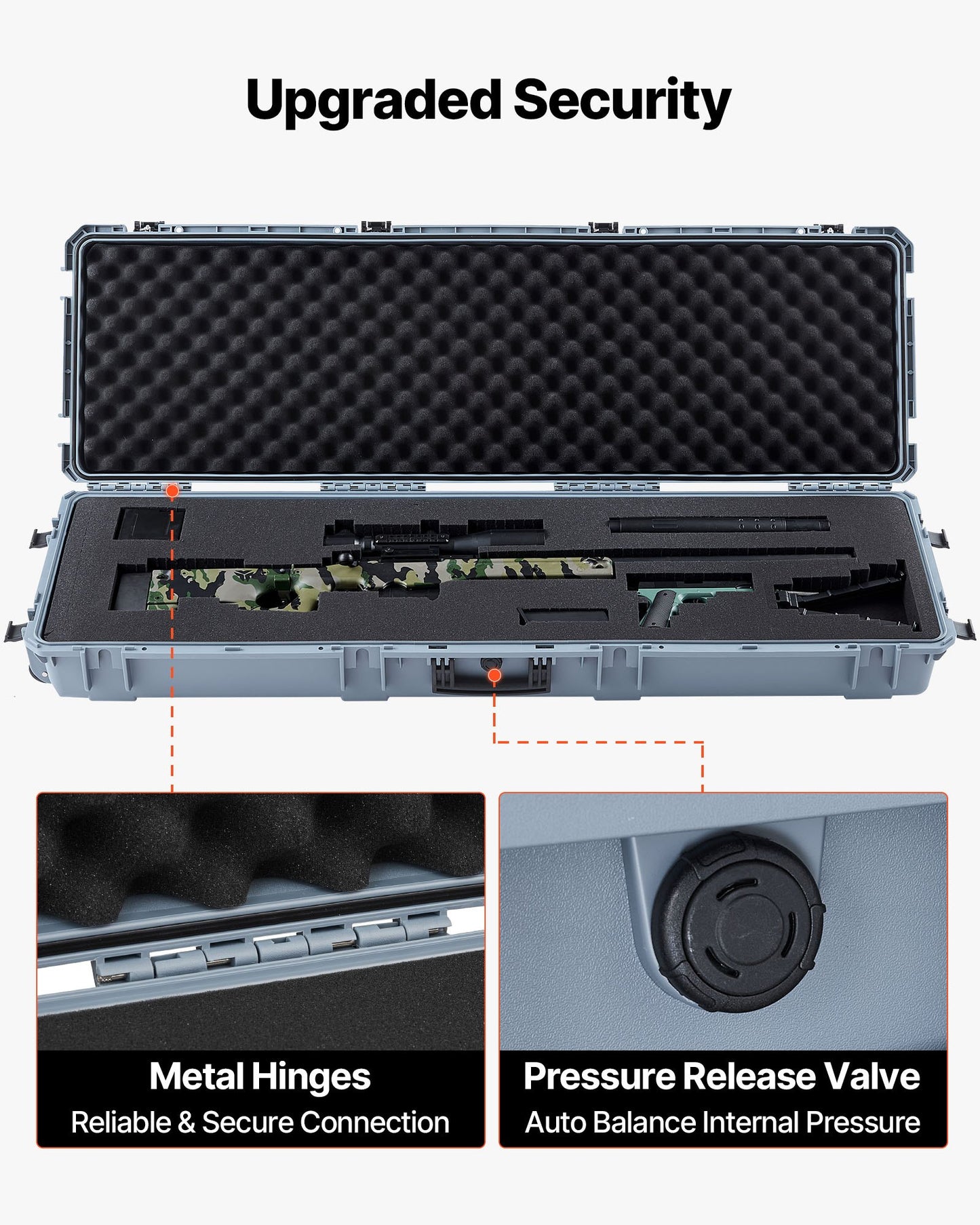 Hard Rifle Case, Lockable Rifle Case with Pre-cut Foams, 1320 mm Gun Storage with Wheels, Heavy Duty IP67 Waterproof & Dustproof Pistol Storage Cases for Rifles, Shotguns, Airsoft Guns, Grey