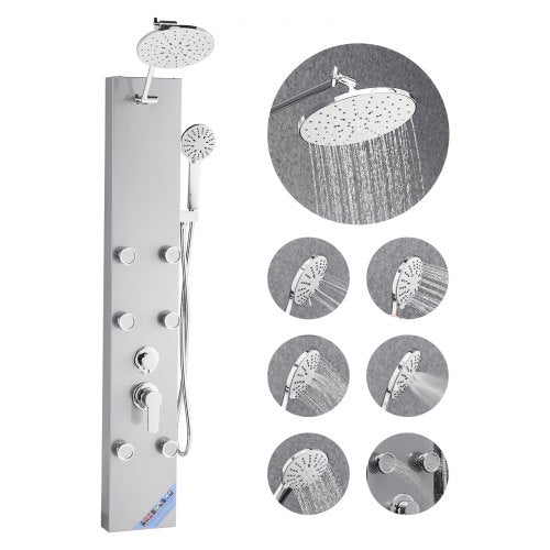 Shower Panel Tower System with Rainfall Shower Head, 49 in Brushed Stainless Steel Shower Column, 3-Function Faucet, High Pressure Wall-Mount Rain Massage System with 6 Body Jets and Handheld