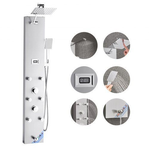 Shower Panel Tower System with Rainfall Shower Head, LED, 49 in Brushed Stainless Steel Shower Column, 4-Function Faucet, Wall-Mount Rain Massage System with 6 Body Jets, Handheld, and Tub Spout