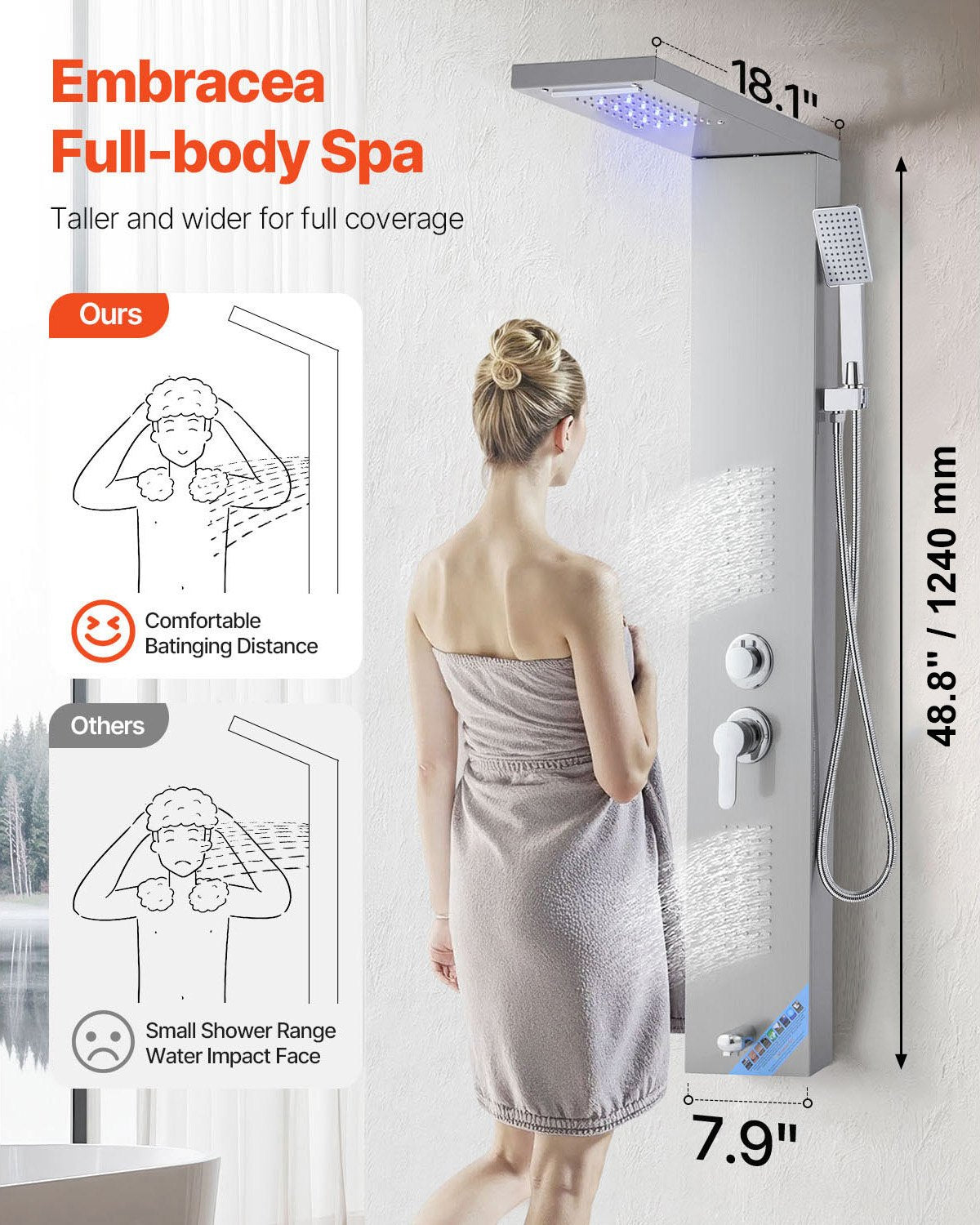 Shower Panel Tower System with Rainfall Waterfall Shower Head, LED, 53 in Brushed Stainless Steel Shower Column, 5-Function Faucet, Wall-Mount Rain Massage System, with Handheld, Tub Spout