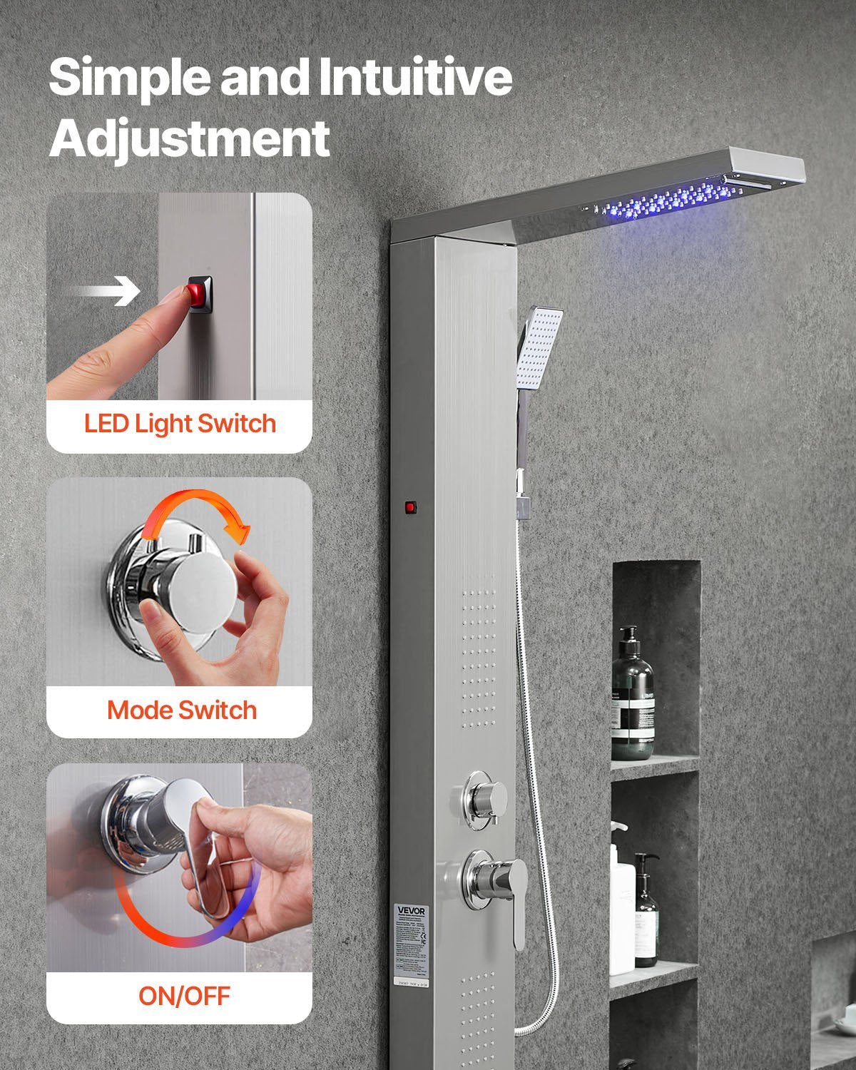 Shower Panel Tower System with Rainfall Waterfall Shower Head, LED, 53 in Brushed Stainless Steel Shower Column, 5-Function Faucet, Wall-Mount Rain Massage System, with Handheld, Tub Spout