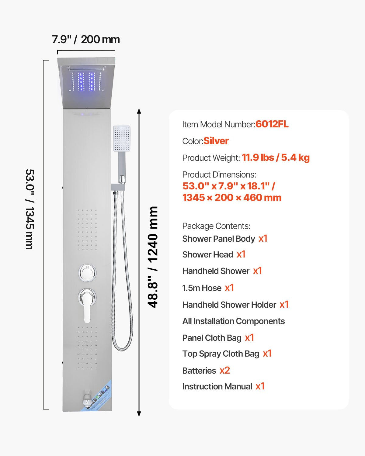 Shower Panel Tower System with Rainfall Waterfall Shower Head, LED, 53 in Brushed Stainless Steel Shower Column, 5-Function Faucet, Wall-Mount Rain Massage System, with Handheld, Tub Spout