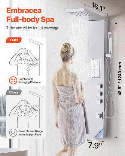 Shower Panel Tower System with Rainfall Shower Head, 53 in Brushed Stainless Steel Shower Column, 3-Function Faucet, High Pressure Wall-Mount Rain Massage System, with Large Body Jet, Handheld