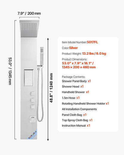 Shower Panel Tower System with Rainfall Shower Head, 53 in Brushed Stainless Steel Shower Column, 3-Function Faucet, High Pressure Wall-Mount Rain Massage System, with Large Body Jet, Handheld