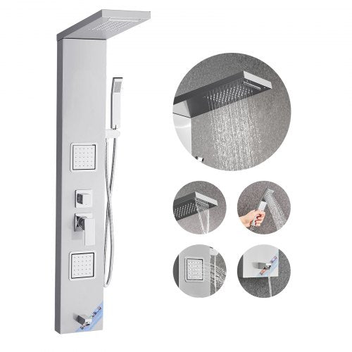Shower Panel Tower System with Rainfall Waterfall Shower Head, 53 in Brushed Stainless Steel Shower Column, 5-Function Faucet, Wall-Mount Rain Massage System with 2 Body Jet, Handheld, Tub Spout
