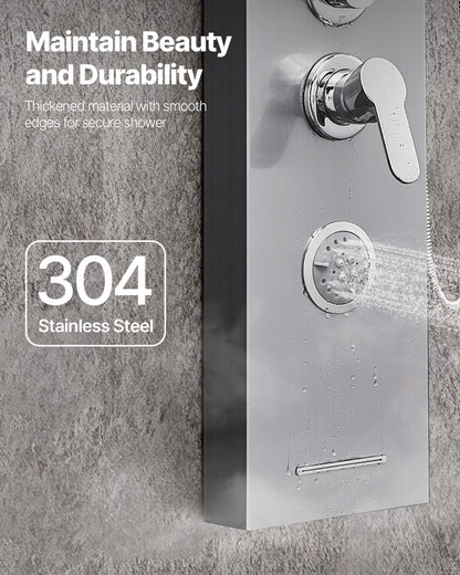 Shower Panel Tower System with Rainfall Waterfall Shower Head, 53 in Brushed Stainless Steel Shower Column, 5-Function Faucet, Wall-Mount Rain Massage System with 3 Body Jet, Handheld, Tub Spout