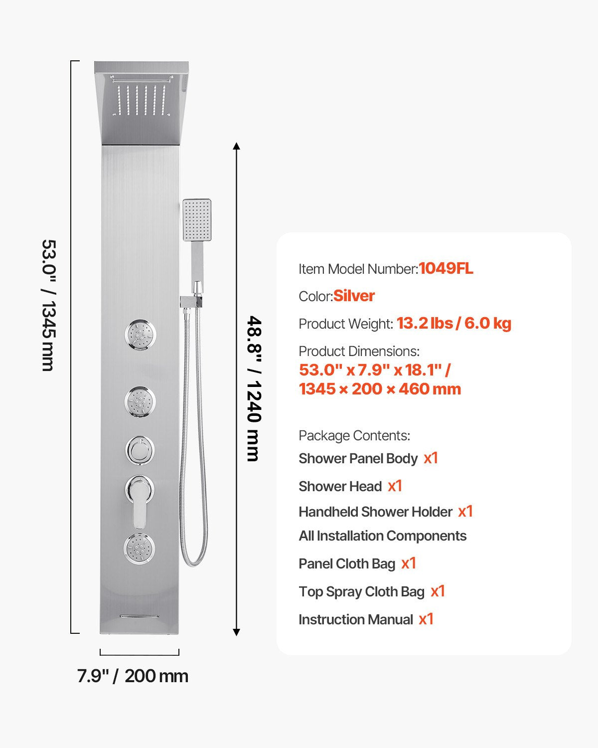 Shower Panel Tower System with Rainfall Waterfall Shower Head, 53 in Brushed Stainless Steel Shower Column, 5-Function Faucet, Wall-Mount Rain Massage System with 3 Body Jet, Handheld, Tub Spout