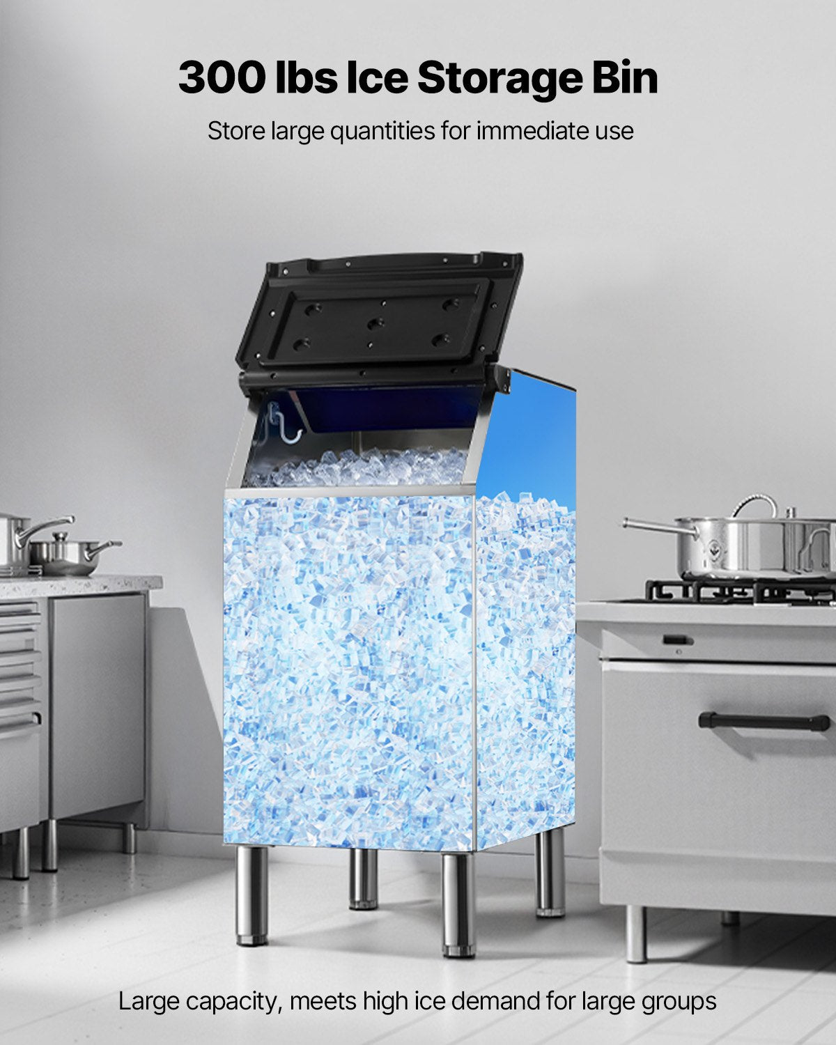 Commercial Ice Maker Storage Bin, 136 KG Capacity Ice-Bin, Stainless Steel Commercial Ice Storage Bin with Adjustable Anti-slip Rubber Feet, Suitable for Restaurant Hotel and Beverage Shops
