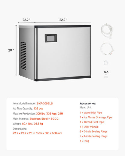Commercial Ice Maker 300 lbs/24 h Self-Cleaning Ice Machine - Head Only
