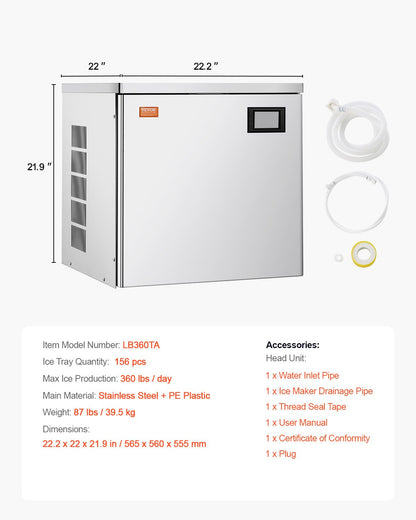 Commercial Ice Maker 360 lbs/Day Self-Cleaning Ice Machine - Head Only