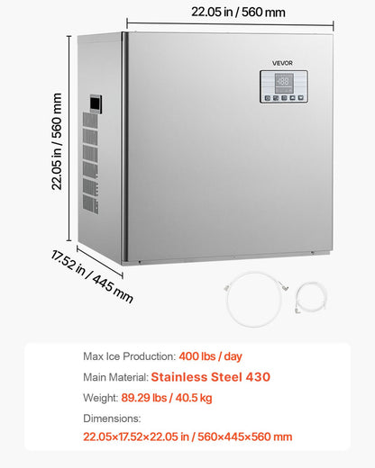 Commercial Ice Maker Machine - Head, 181 kg/Day Stainless Steel Ice Machine with Scheduled Ice-Making, Self-Cleaning, Adjustable Thickness, Ideal for Restaurant Bar Cafe Hotel - Head Only