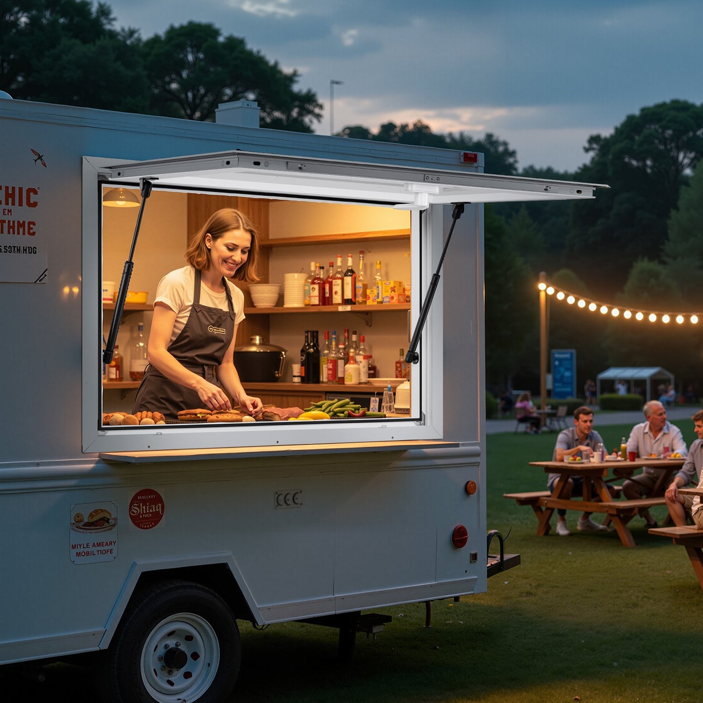 Concession Window 92x61 cm, Aluminum Alloy Frame Service Window for Food Truck, Up to 85 Degrees Stand Serving Window with Awning Door and Drag Hook, Rainwater Resistant for Concession Trailers