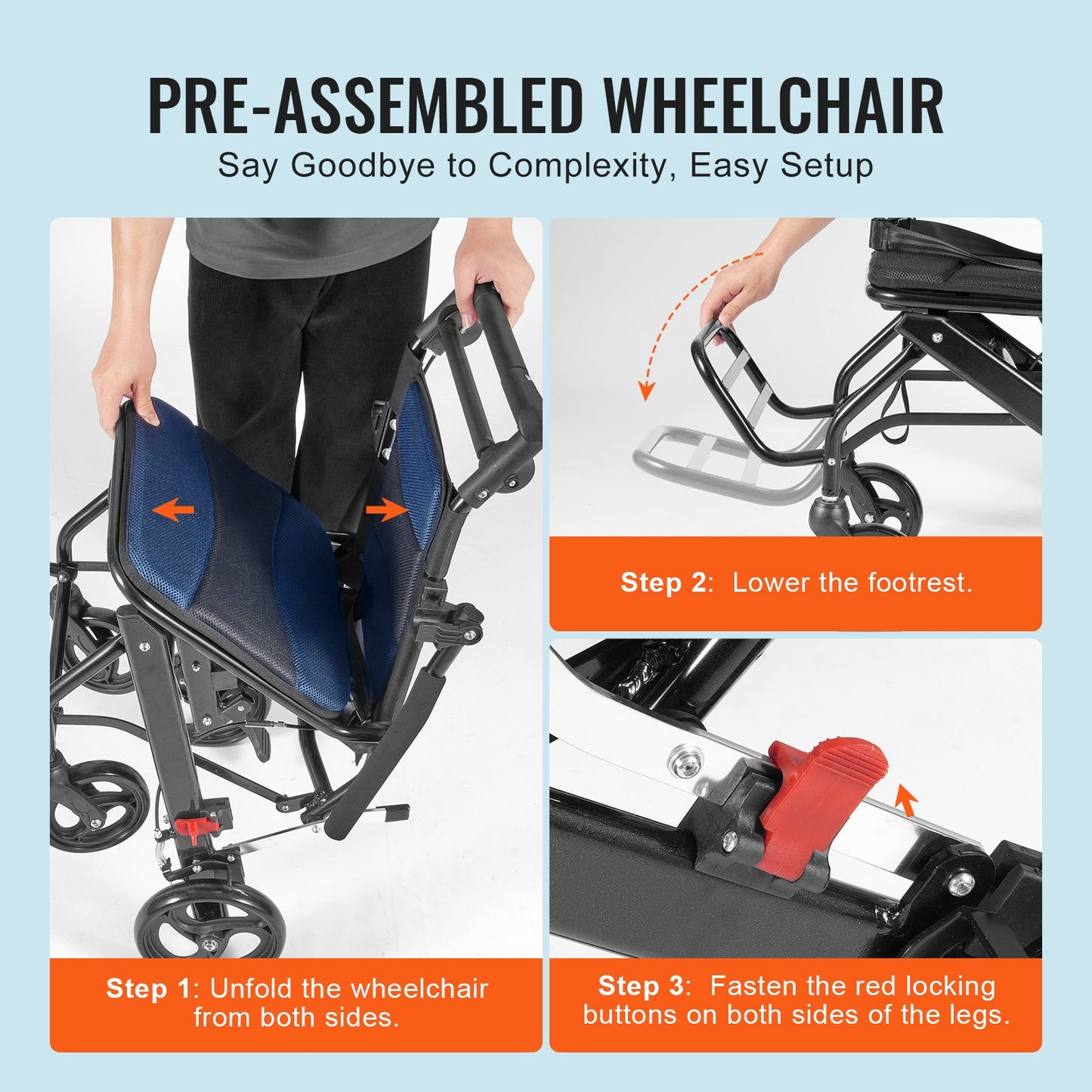 Wheelchair Aluminum Alloy Transport Chair Foldable 40 cm W Seat 99.8 kg