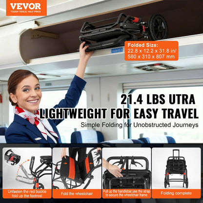 Wheelchair Aluminum Alloy Transport Chair Foldable 45.7 cm W Seat 99.8 kg