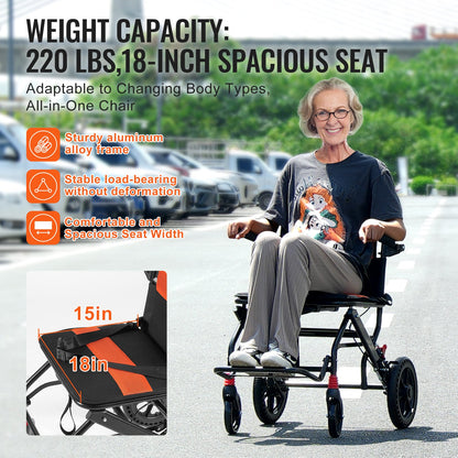 Wheelchair Aluminum Alloy Transport Chair Foldable 45.7 cm W Seat 99.8 kg